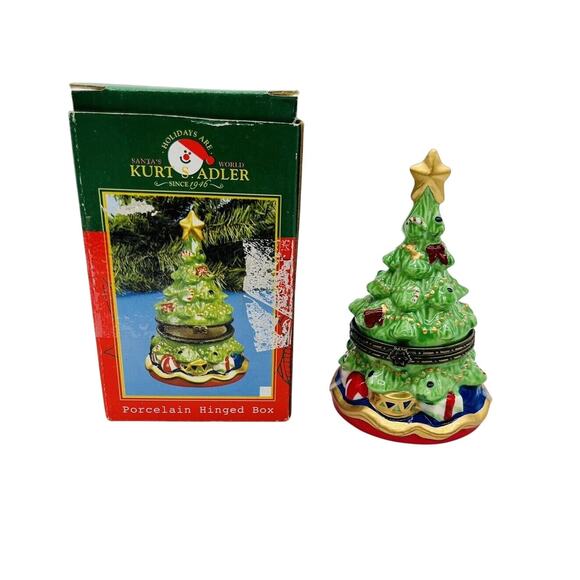 Kurt S. Adler Christmas Tree Porcelain Santa's World Hinged Trinket Box - Picture 1 of 7